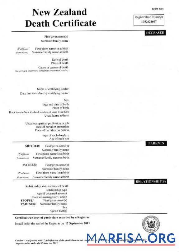 Printable New Zealand Registrar office death certificate template